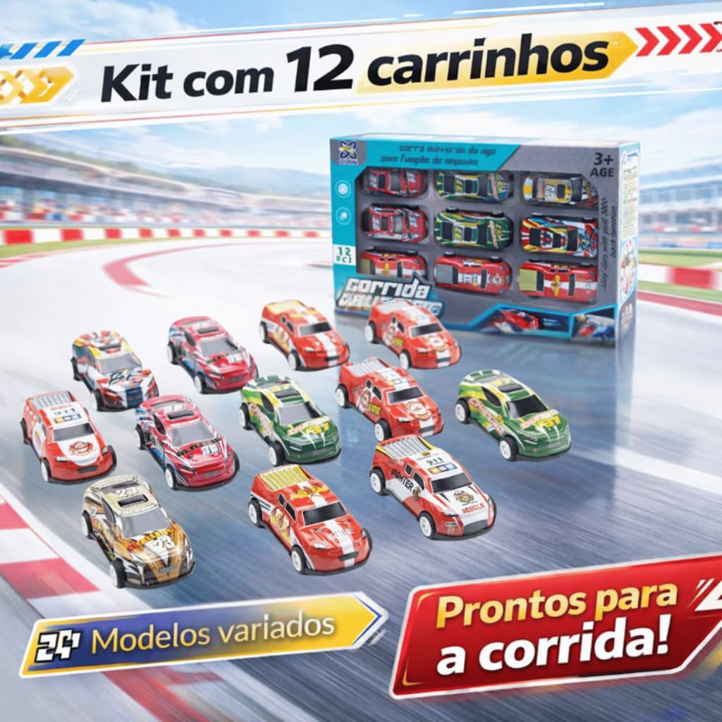 Kit 12 Carrinhos Metálicos Resistentes com Fricção Puxa Para Trás e Corre