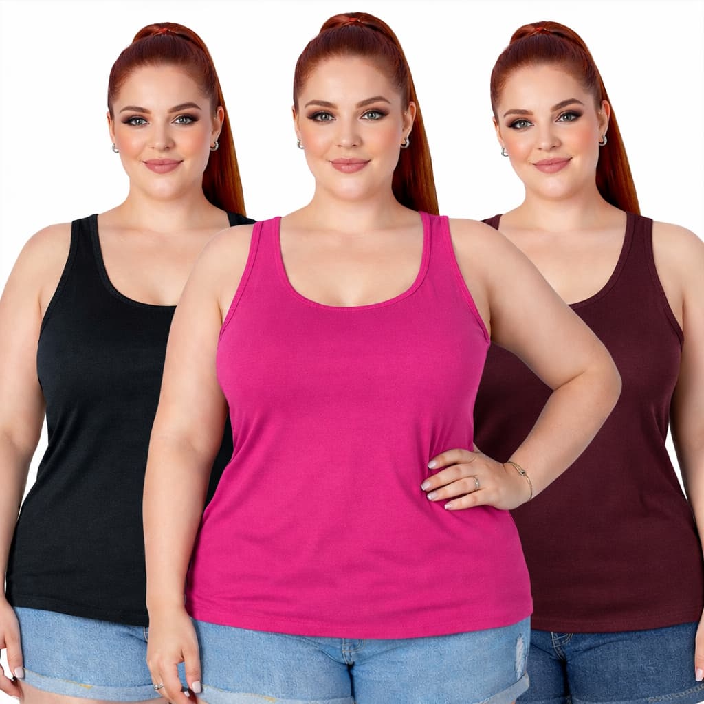 Kit 3 Regatas Femininas Plus Size Nadador em Viscolycra para Academia