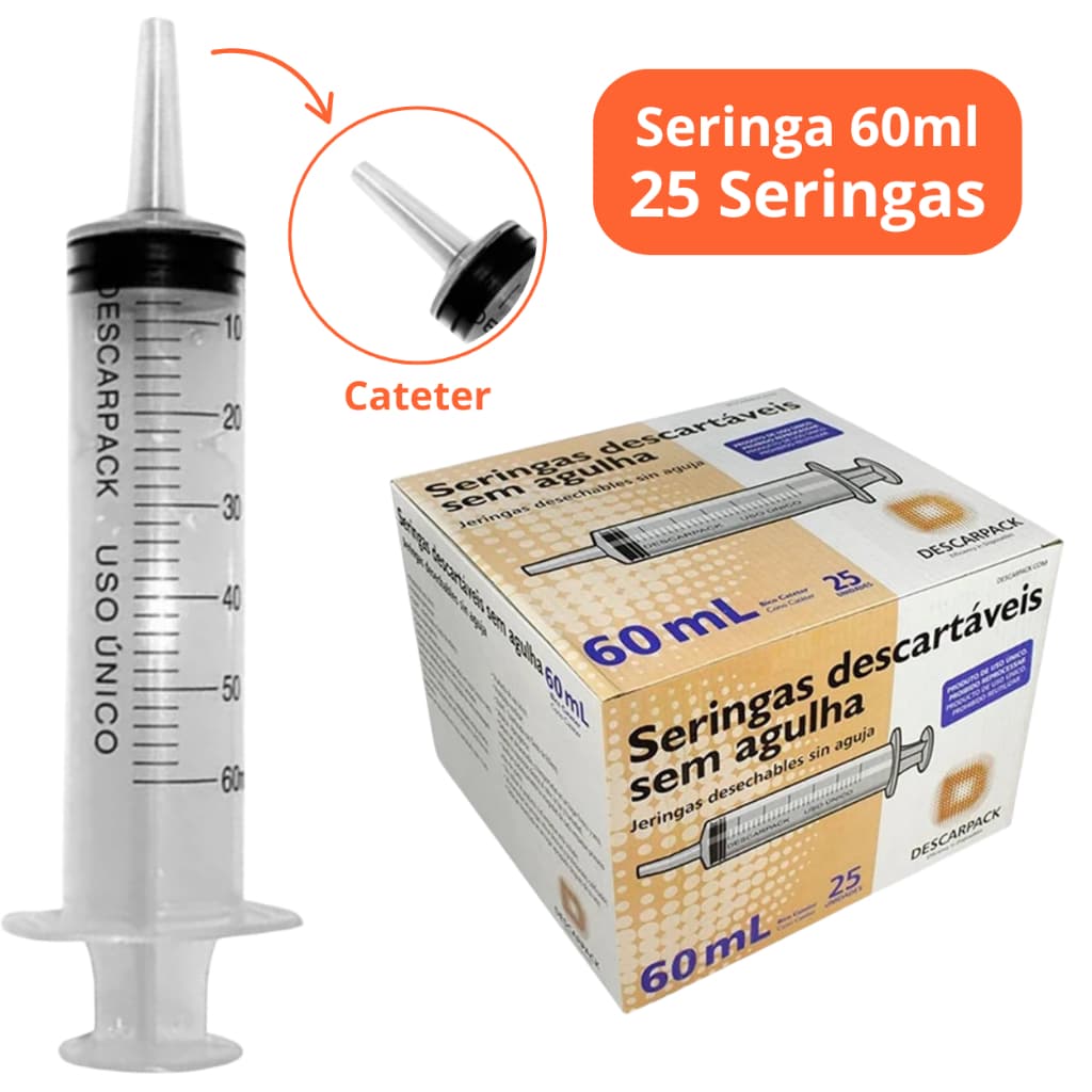 25un Seringa 60ml Bico Cateter Descartável Marca Descarpack