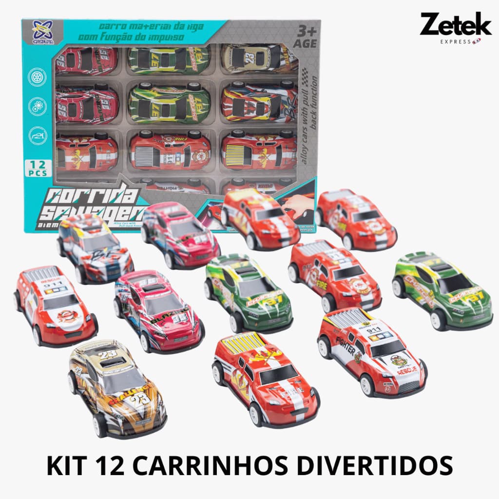Kit 12 Carrinhos de Brinquedo Fricção — Puxa e Solta, Modelos Variados