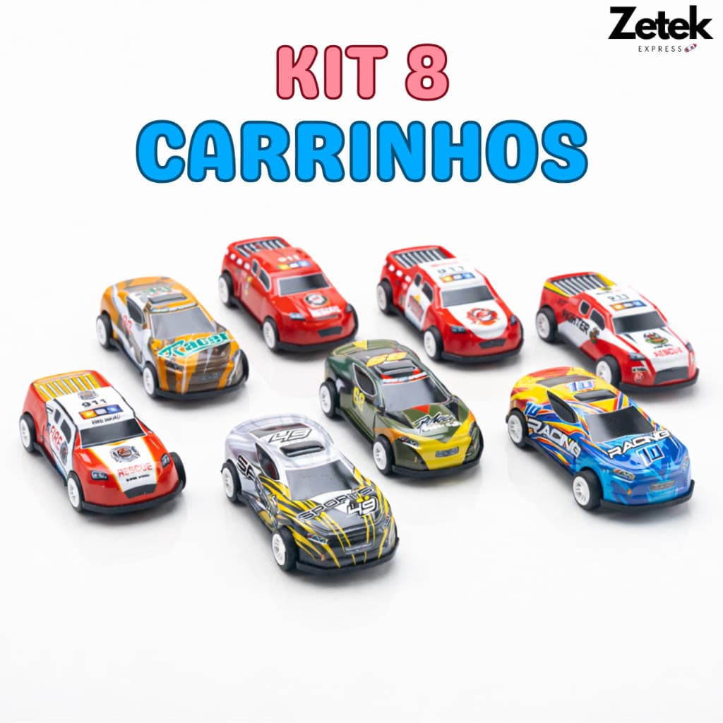 Kit Carrinhos Infantil Metálicos — Puxa Para Trás e Corre, Estilo Corrida