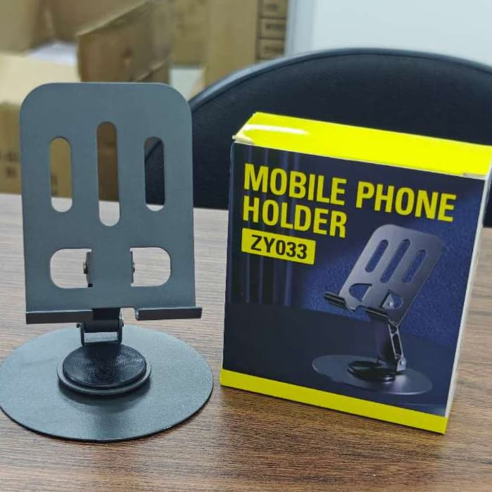 Suporte de mesa em liga de alumínio com base giratória ajustável em 360°, adequado para smartphones.