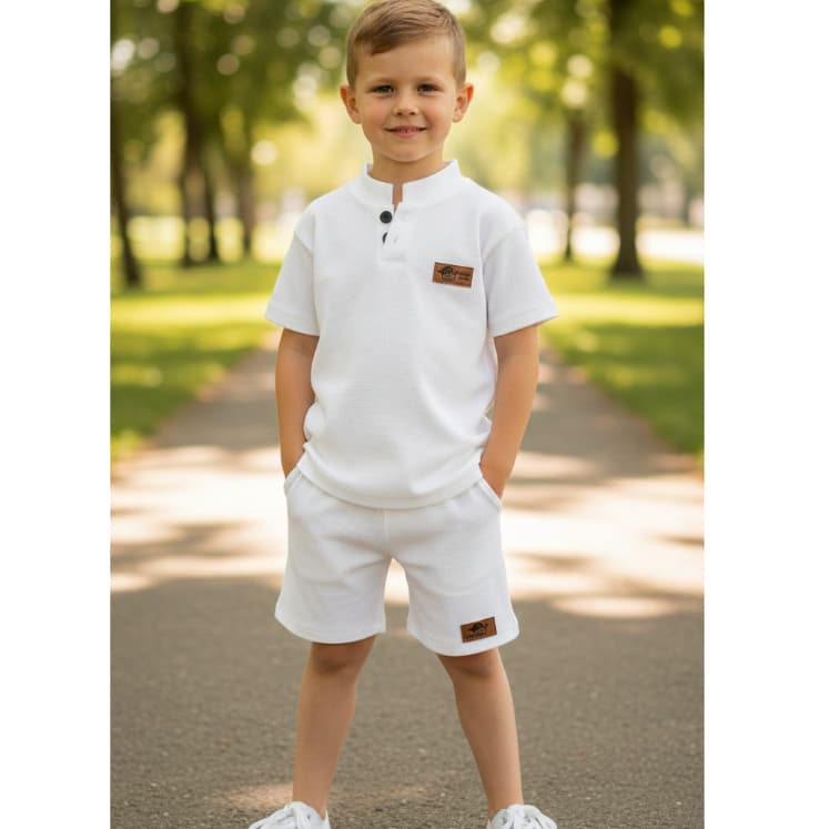 Conjunto Infantil Camisa e Bermuda Canelada Malha Waffle - Estilo Mauricinho