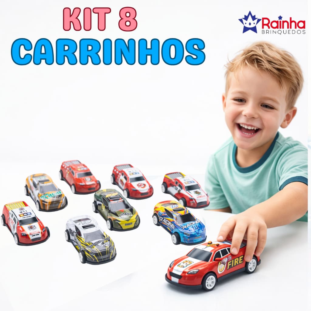 Kit 8 Carrinhos Realista com Fricção Material Metálico Resistente