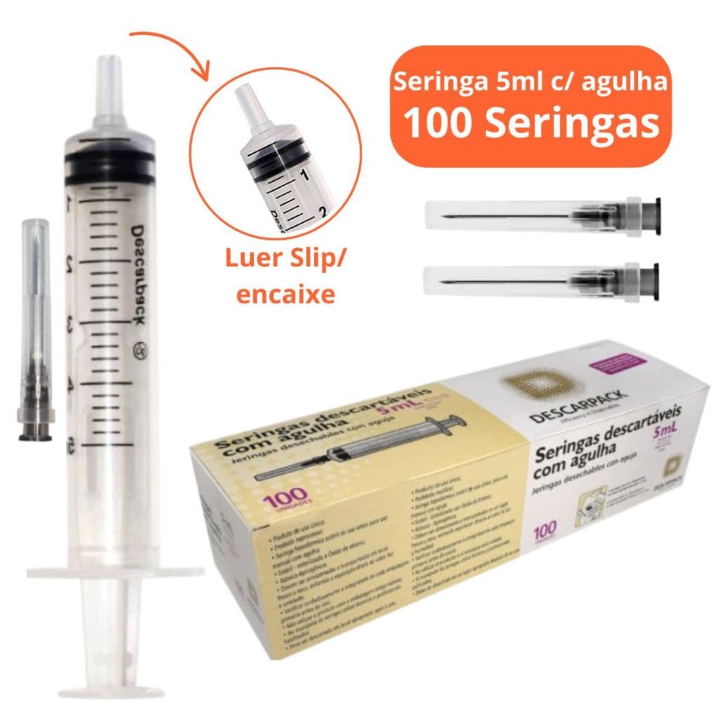 100un Seringa Bico Encaixe Luer Slip 5ml Com Agulha 25x0,7mm Marca Descarpack