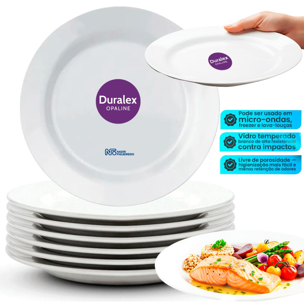 Jogo de Prato Kit c/4/6/12 Pratos Opaline Menu Raso 24cm Vidro Branco Nadir Para Casa e Restaurante
