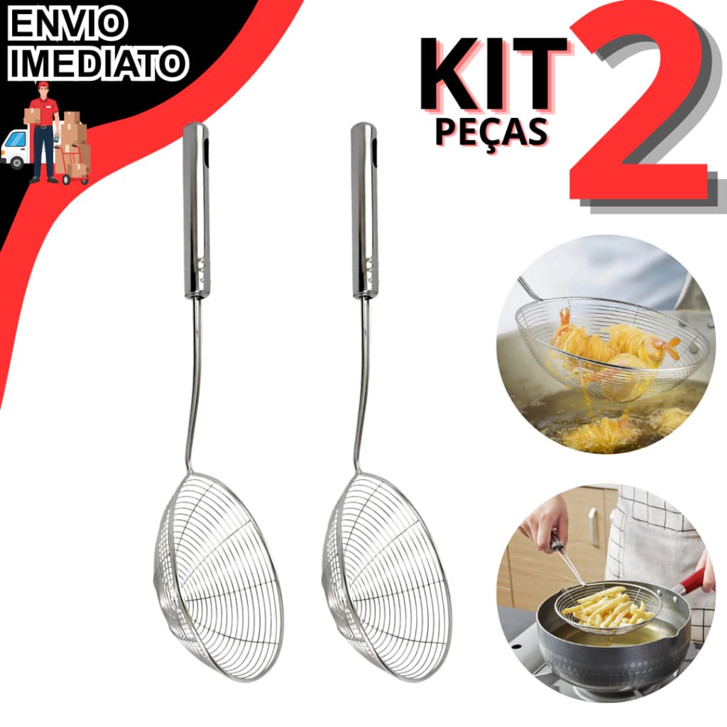 Kit 1 ou 2 Escumadeira Para Fritura Peneira Em Aço Inox 33CM De Pastel Batata Salgado Frituras Utensilio Cozinha Premium