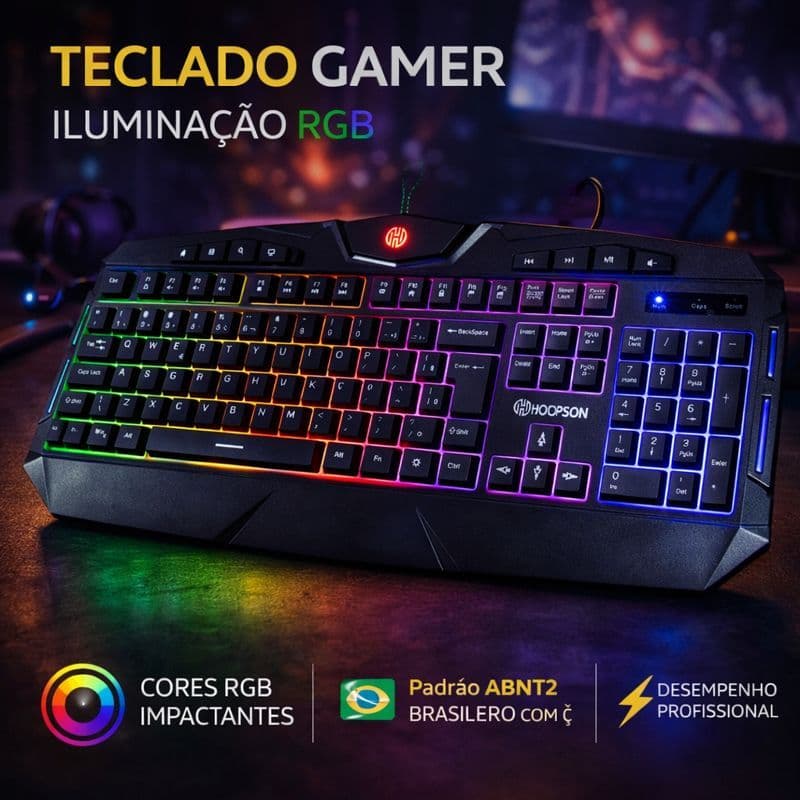 Teclado Gamer Semi Mecânico RGB Anti Ghosting com Iluminação LED Colorida para PC e Notebook