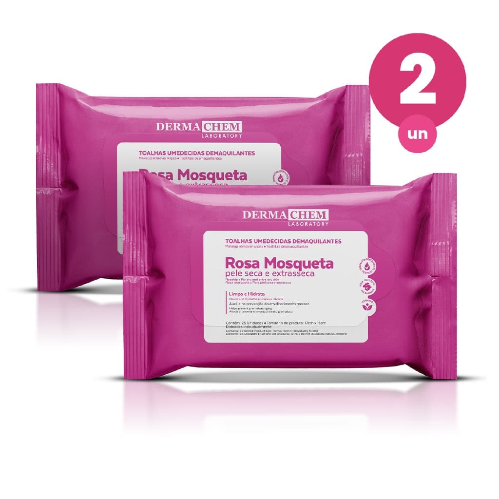Kit 2 Toalhas Umedecidas Demaquilantes com Rosa Mosqueta 25 Lenços Limpeza e Hidratação da Pele Dermachem