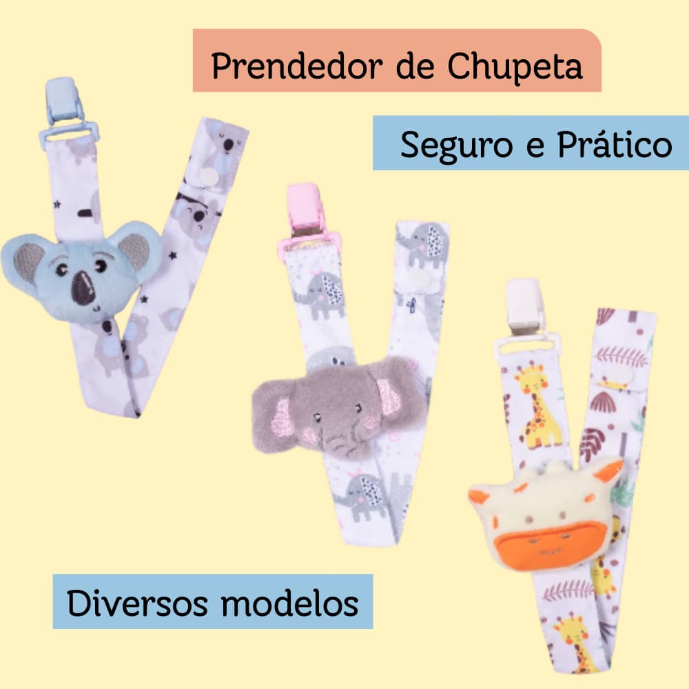 Prendedor de Chupeta com Pelúcia Menino Menina Cordão 100% Algodão 32 cm Clip em Polipropileno Antialergico
