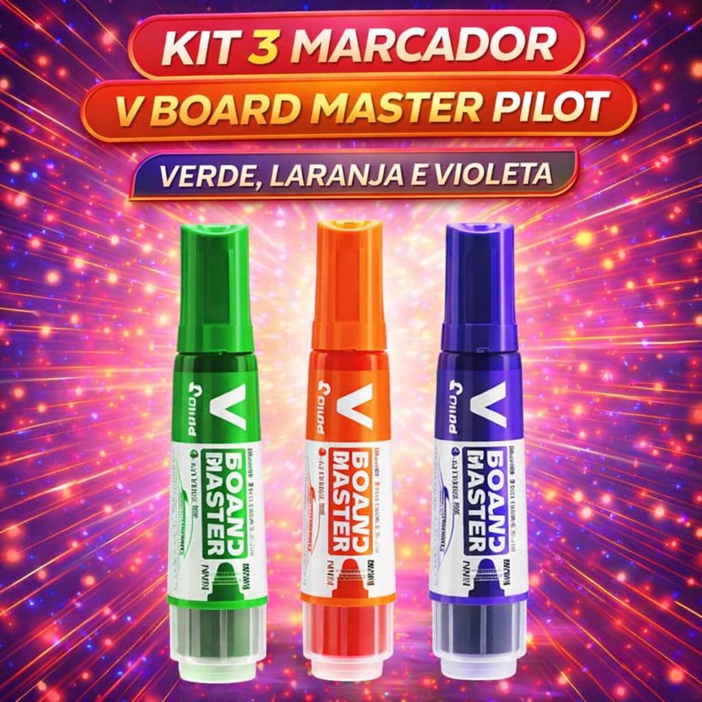 Kit 3 Pincel Quadro Branco Pilot V Board Master Marcador Recarregável Com Refil Verde Violeta e Laranja