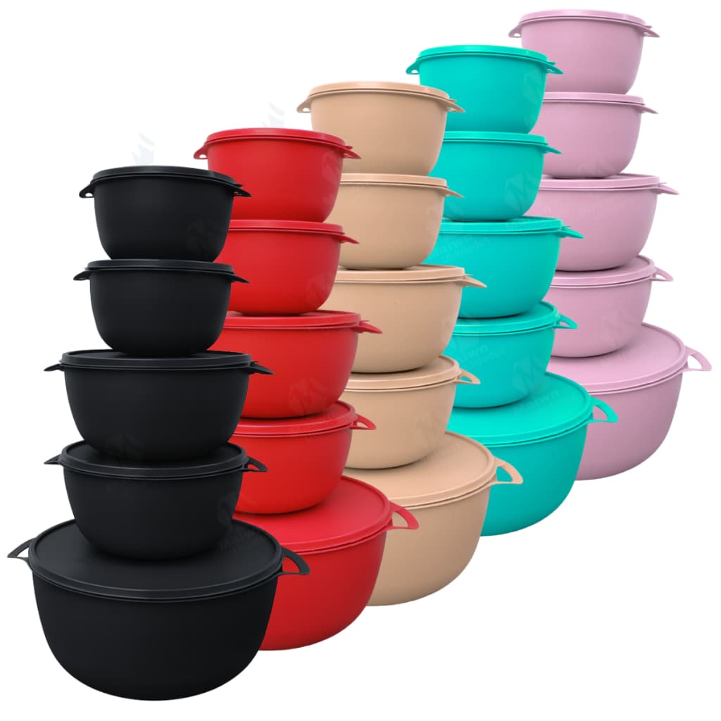 Kit 5 Potes Plásticos Redondos Bowl com Tampa BPA Free para Cozinha Organizador Freezer Micro-ondas