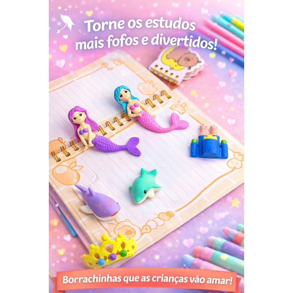 Kit 4 Borrachas Escolar 3D Fofa Infantil Fundo do Mar Sereias