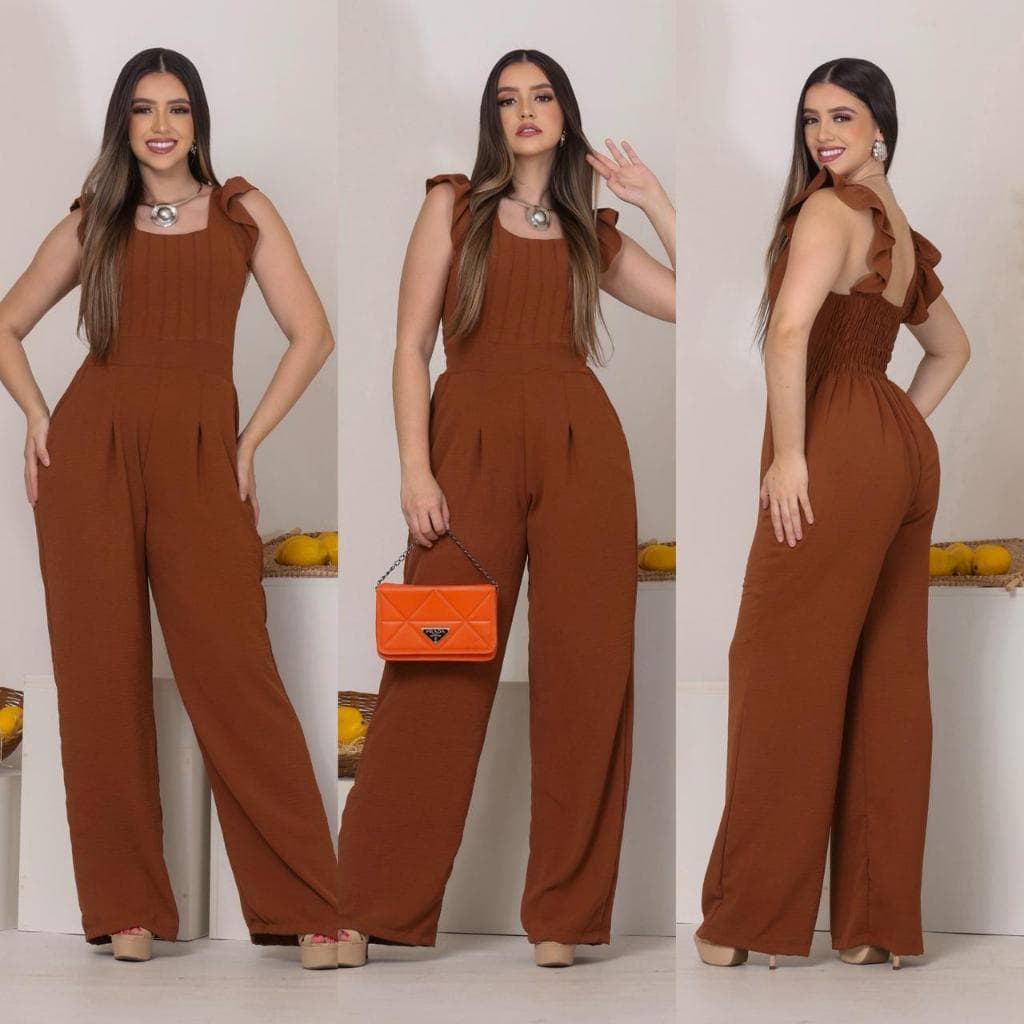 Macacão longo elegante en tecido Duna com Bojo, foro lastex Bolso funcional