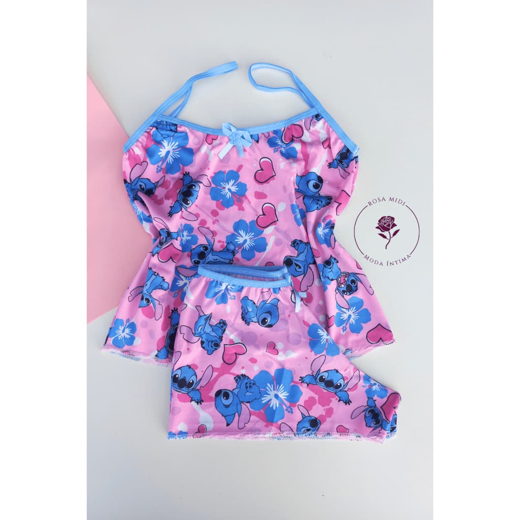 Pijama Infantil do Stitch Menina Babydoll de Alcinha Microfibra Personagens
