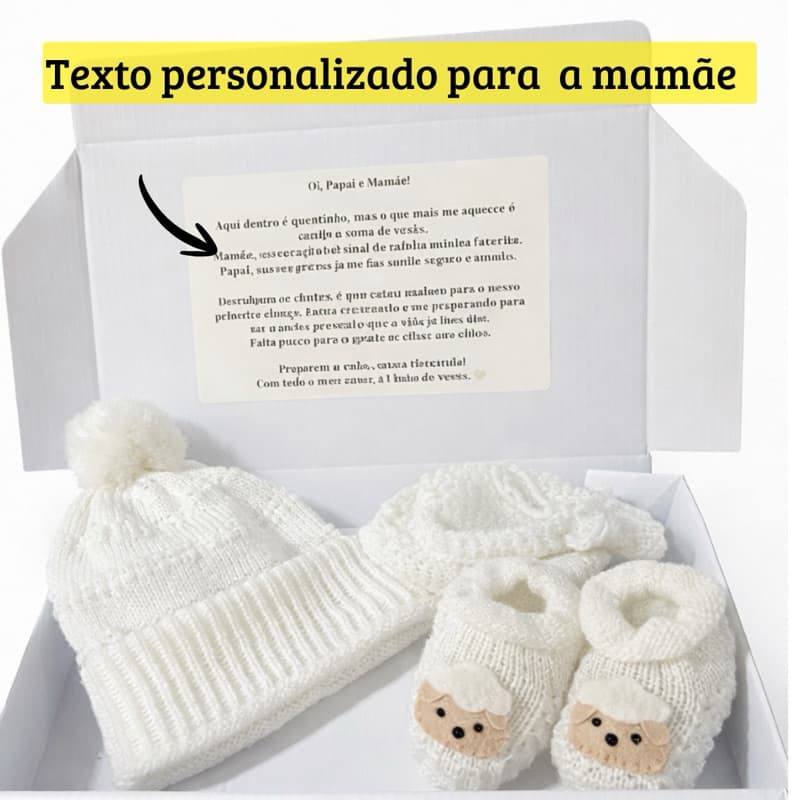 kit 3 Peças Touca Sapatinho Luva Tricot  Texto Personalizado Revelação Maternidade