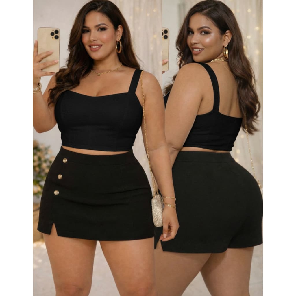 Conjunto Feminino Plus Size G GG G1 G2 | Cropped e Short Saia com Botões | Estica, Conforta e Valoriza
