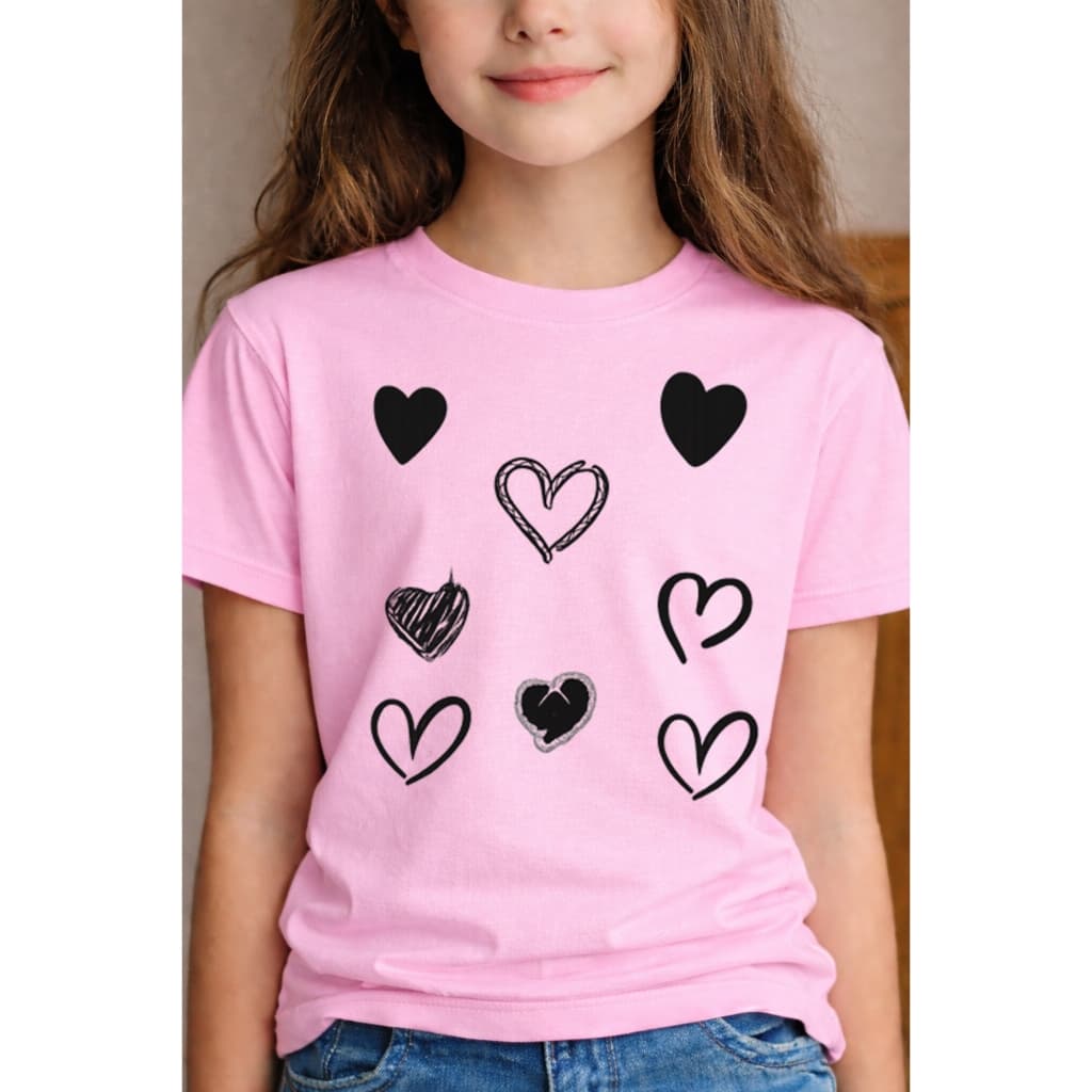 Camiseta Infantil Feminina Corações Modernos Estampa Fofa 100% Algodão Tamanhos 04 ao 16