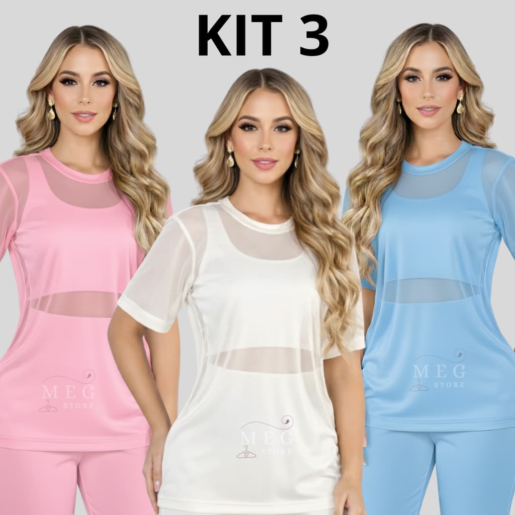 Kit 3 Blusa Feminina Transparente de Tule Manga Curta Camiseta Academia Treino Camisão Fresco Fitness