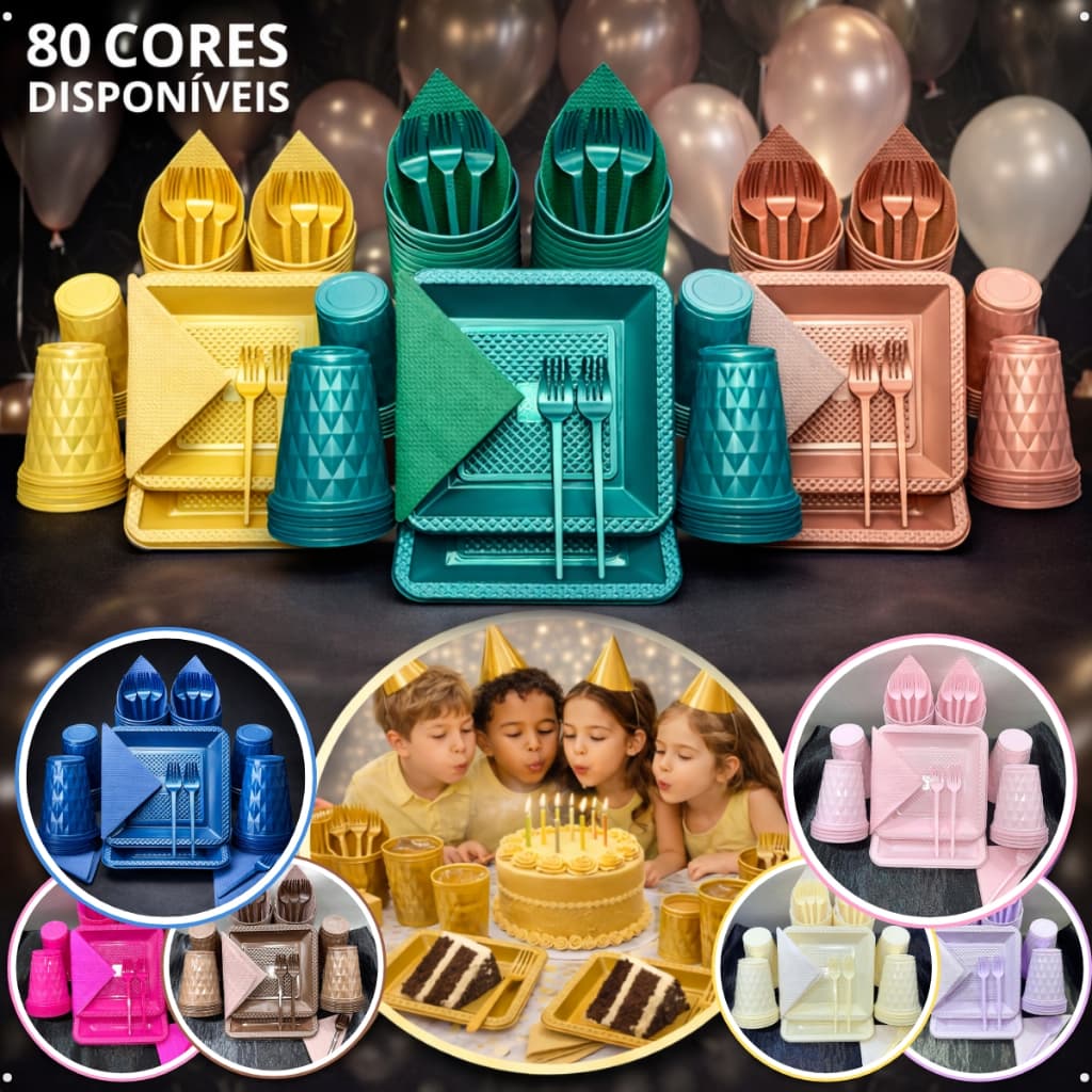 Kit 180 e 130 Itens Aniversário Descartável Diamante Quadrado Festa Pratos Copos Garfinhos Guardanapo Azul Rose Perolado