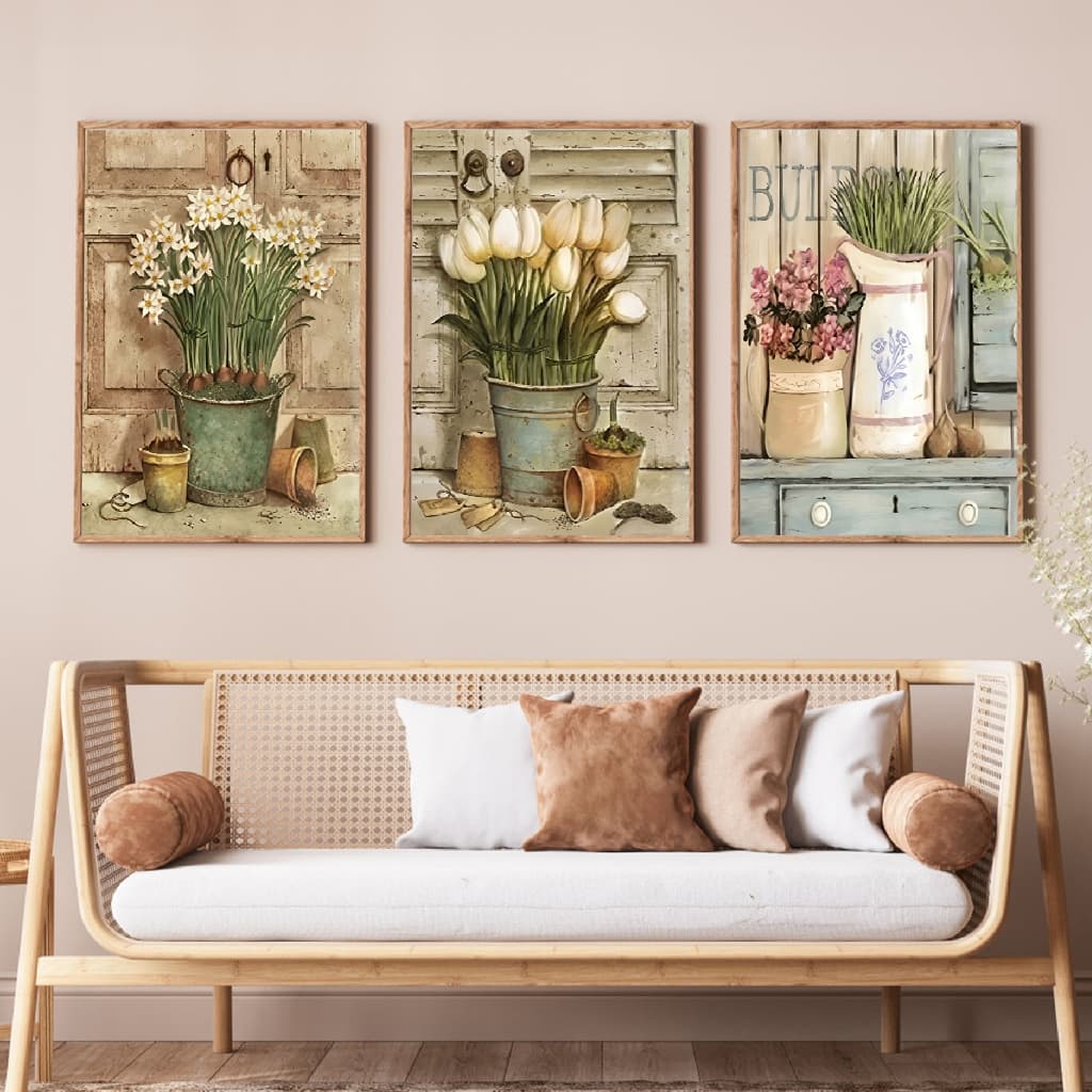 KIT 3 Quadro Decorativo Retrô Floral Branco Plantas Sala de Estar Copa Sala de estar Quarto Acabamentos das paredes