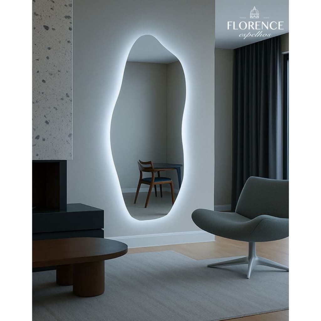 Espelho Orgânico 120X50 Lapidado Moderno Grande Form Flame Com Suporte Invisível Luxo Com LED