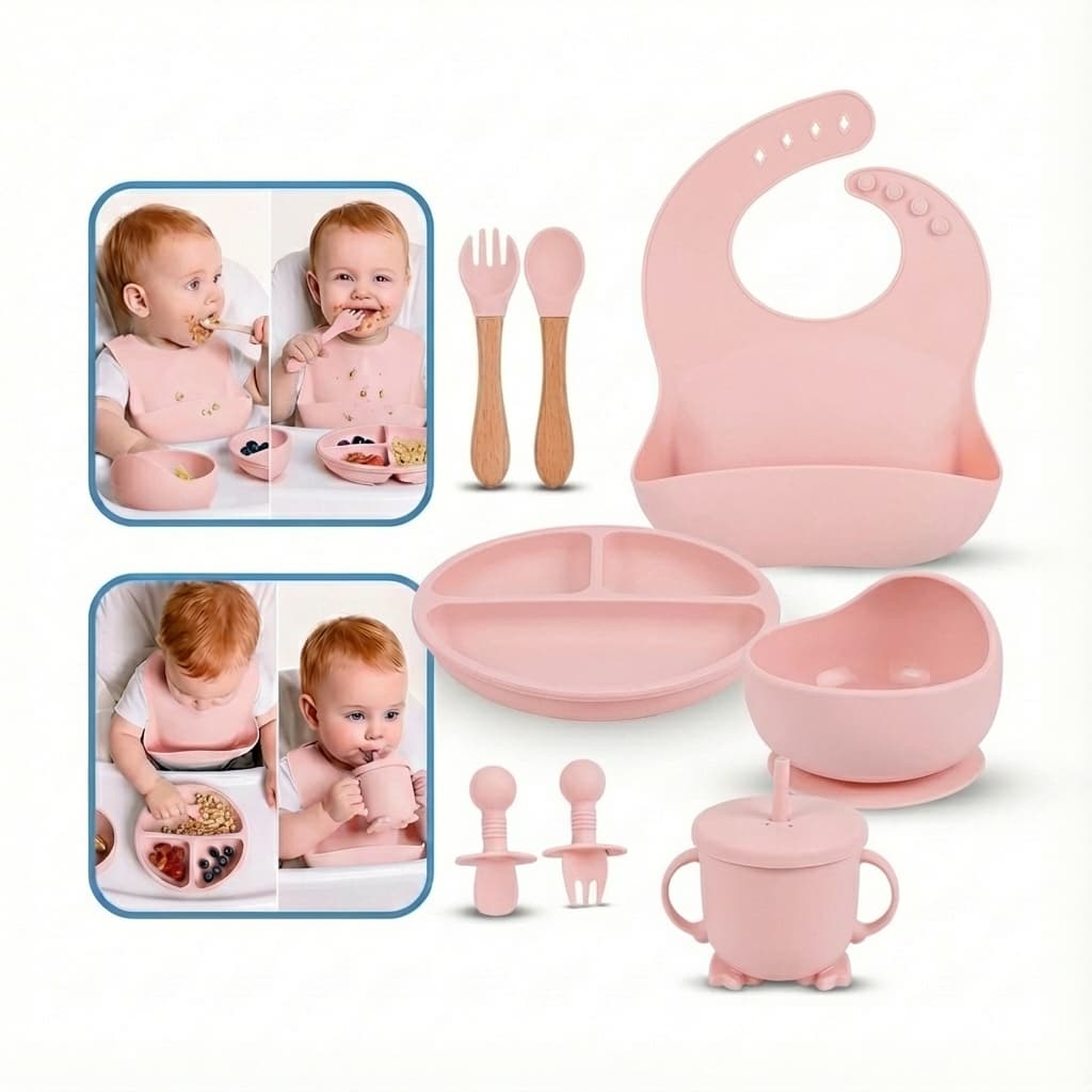 Kit Alimentação Bebê Silicone 8 Peças Completo Prático Seguro Infantil Free BPA Introdução Alimentar