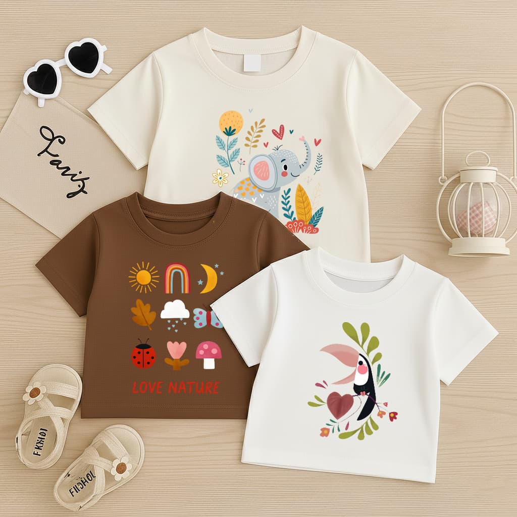 Kit 3 Camiseta Básica Infantil Menina Natureza Elefante Tucano Blusa 100% Algodão Tendência