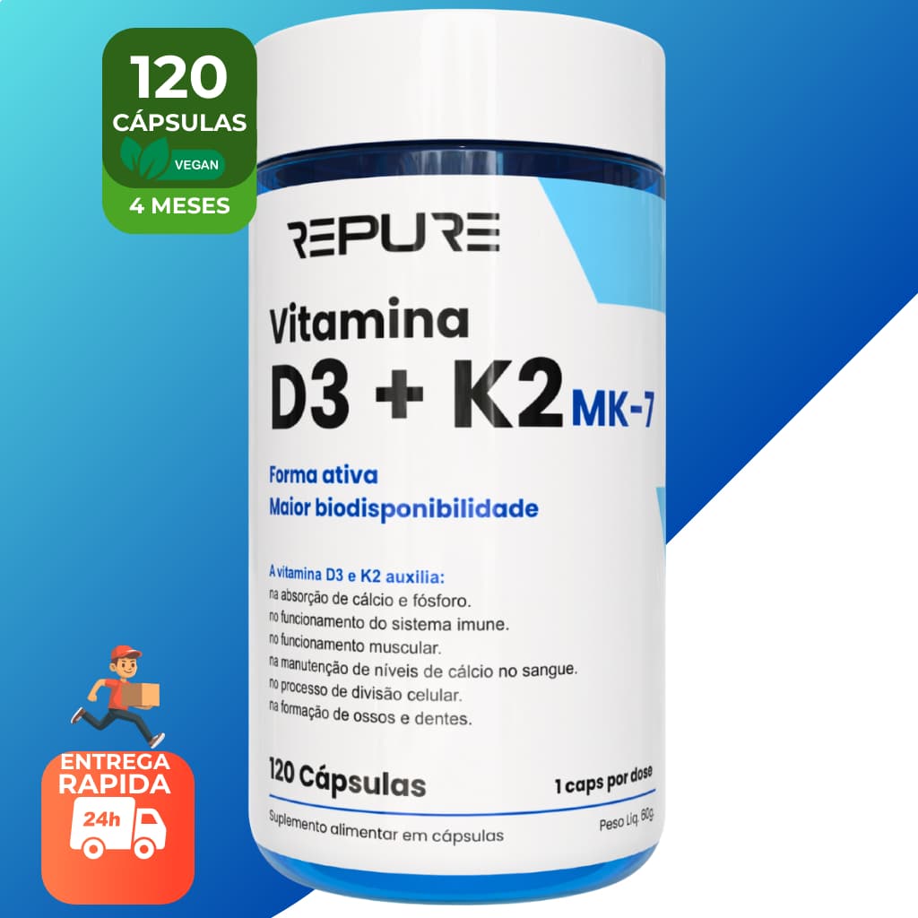 Vitamina D3 + K2 MK7 (2.000UI + 149mcg) Premium - 120 Cápsulas | Colecalciferol + Menaquinona-7 Pura e Ativa – 2 Meses