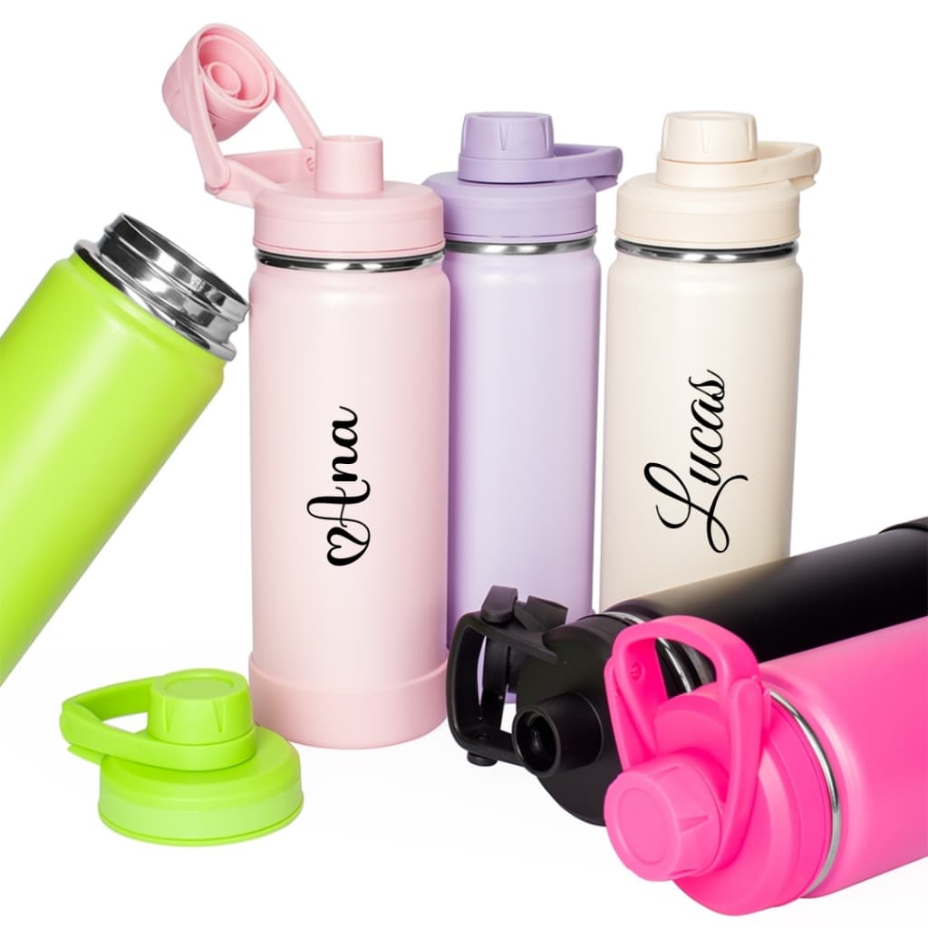 Garrafa Personalizada Térmica Inox 550ml Parede Dupla Tampa com Alça e Protetor Silicone