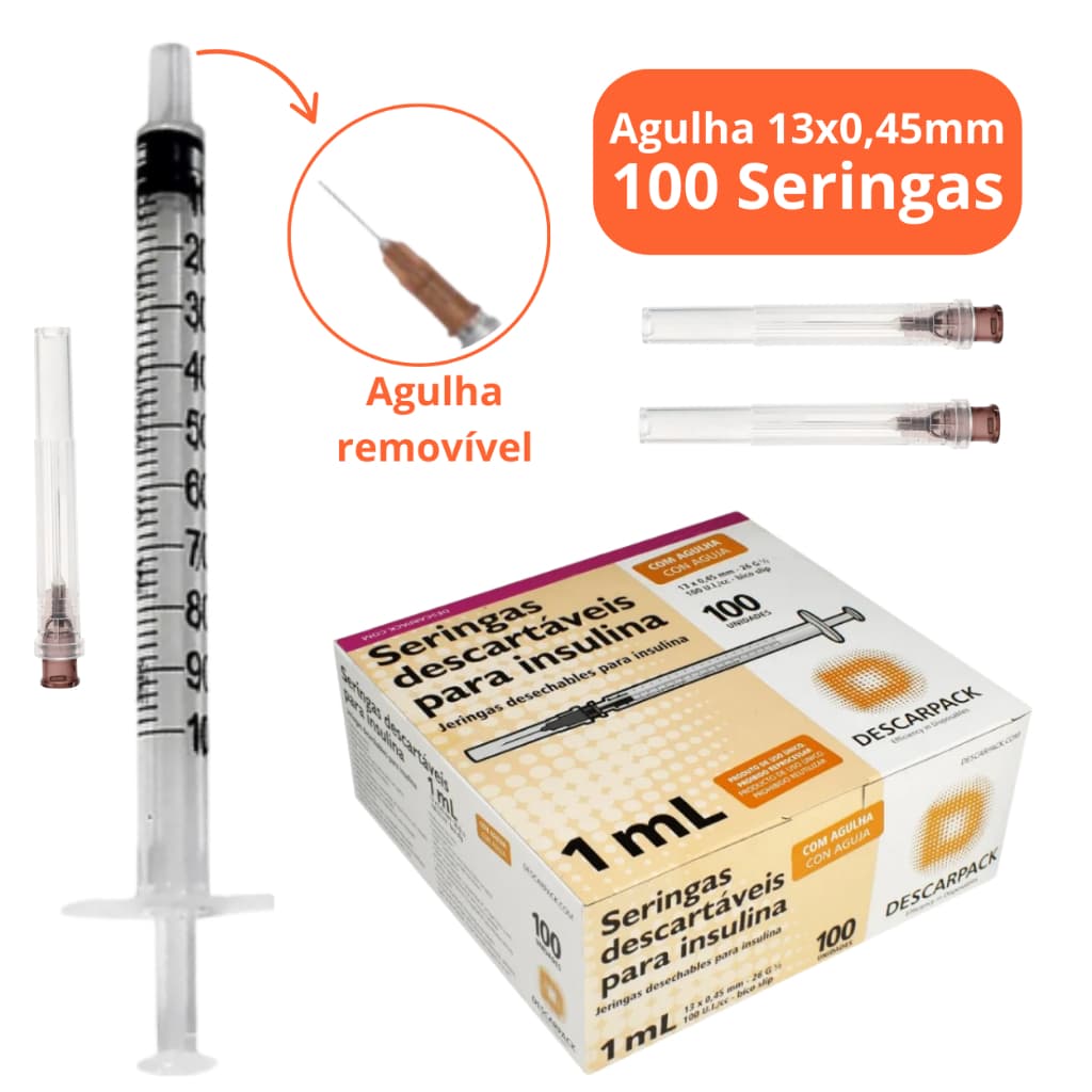 100un Seringa Descartável de Insulina 1ml Com Agulha 13x0,45mm Marca Descarpack
