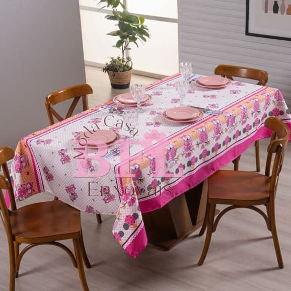 Toalha De Mesa 4 Cadeiras 100x145 Cm - Ponta De Mesa - Coruja Rosa
