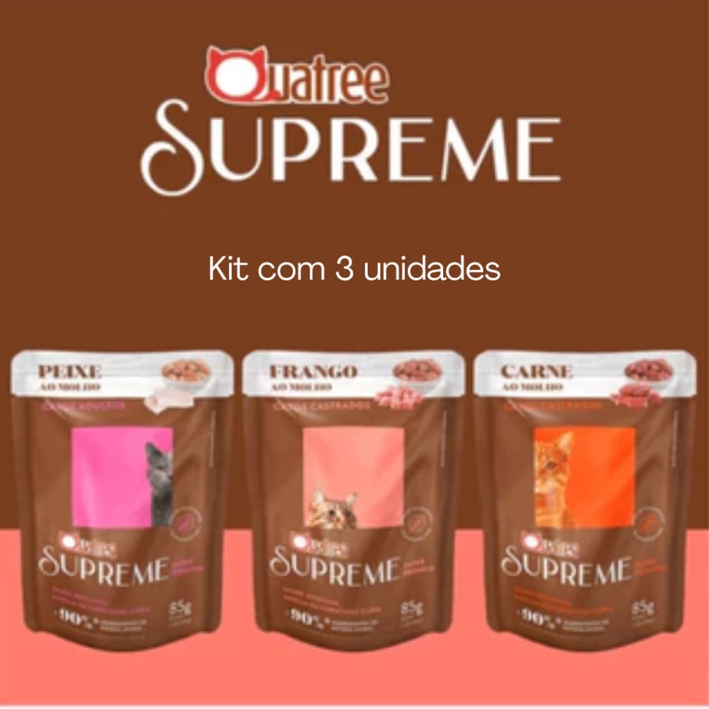 Kit 5un Sachê Quatree Gatos Supreme 85g Super Premium Para Gatos Adultos e Castrados - Ração Úmida