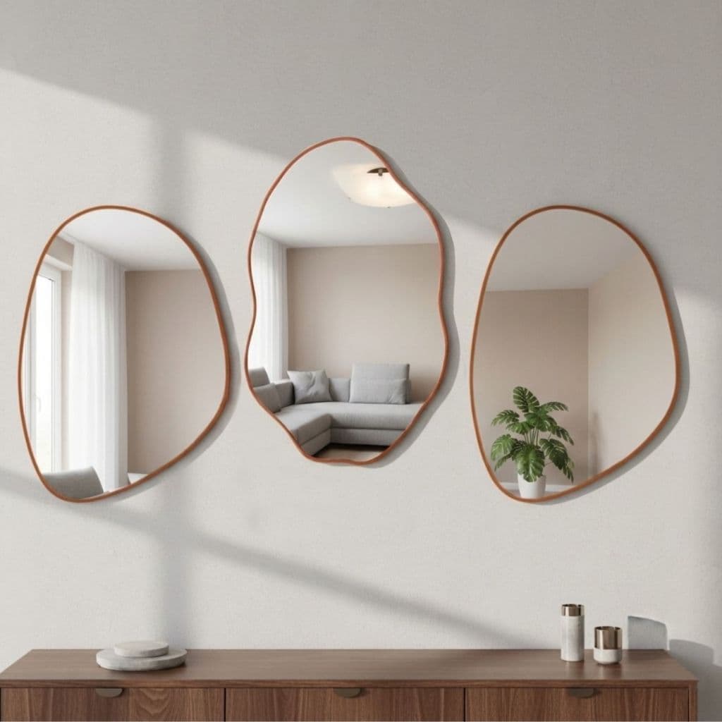 Kit Combo Espelhos Decorativos We Mirror - Com Moldura em Couro Caramelo P/ Sala Banheiro Hall