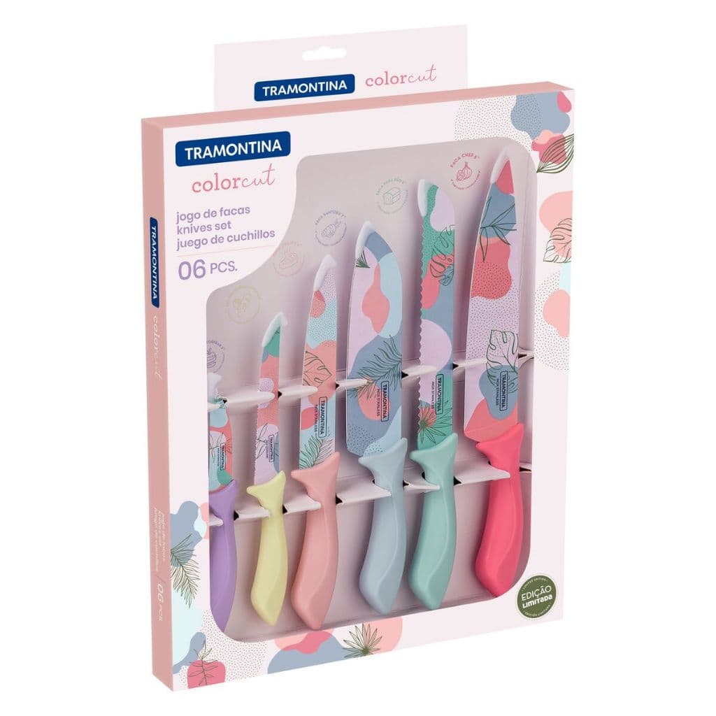 20097Jogo de Facas Tramontina Colorcut com Lâminas em Aço Inox e Cabos de Polipropileno Colorido 06 Peças