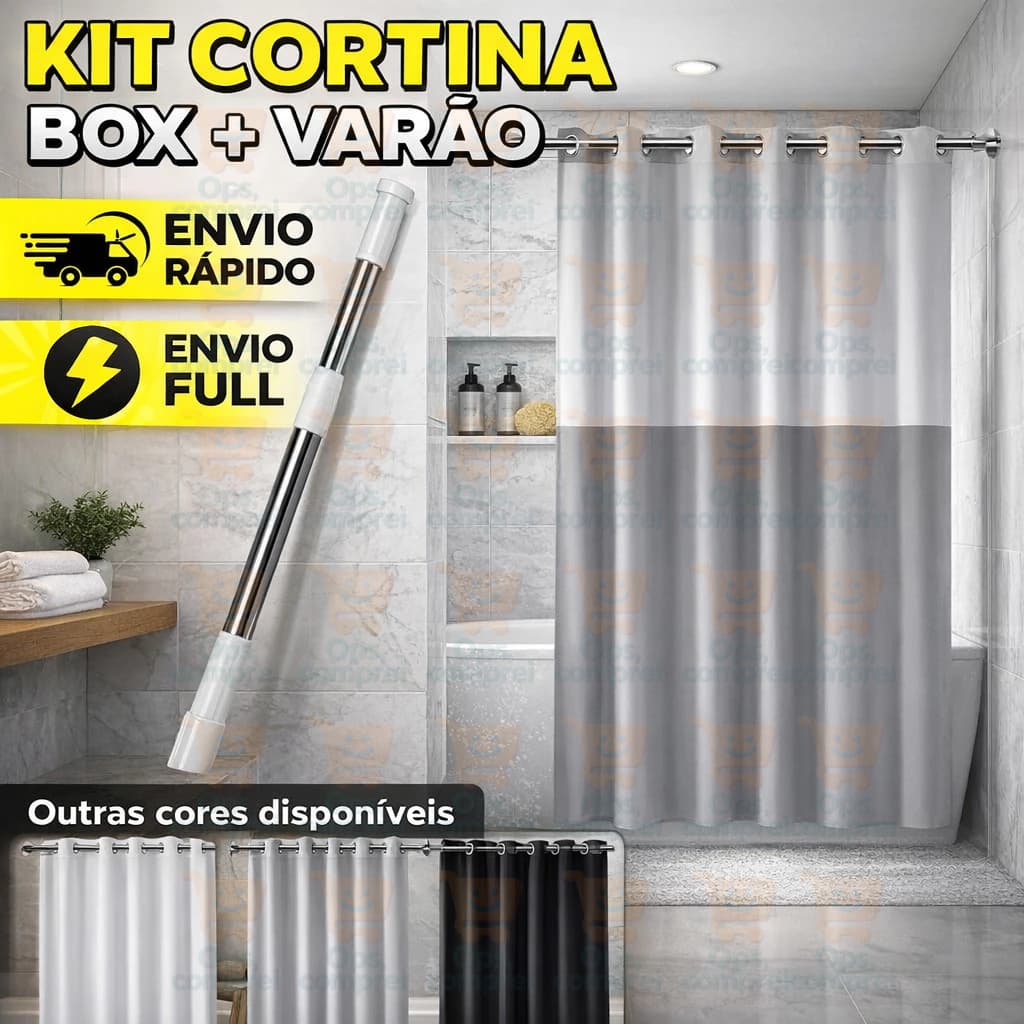 Kit Porta Cortina + Cortina de Box Varão Multiuso Bastão Para Banheiro de Extensível Universal Ajustável