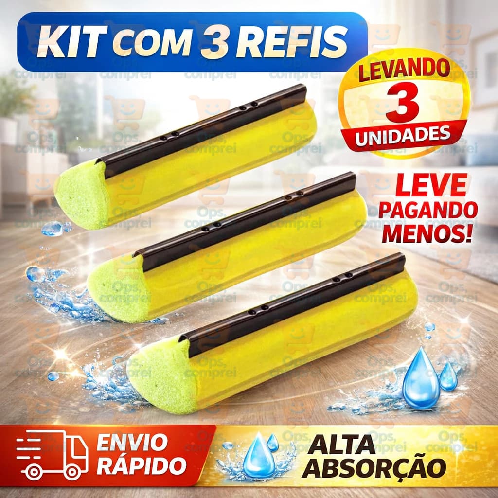 Kit Com 3 Refil Mop Espuma Rodo Mágico Universal Esfregão Limpeza Eficiente Alta absorção Qualidade Casa