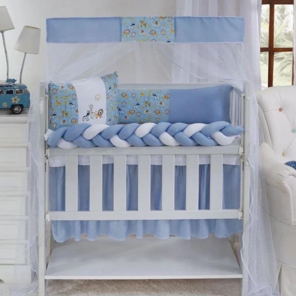 Kit Para Mini Berço  bordado 6 Peças Trança E Mosquiteiro Masculino Varias Opções