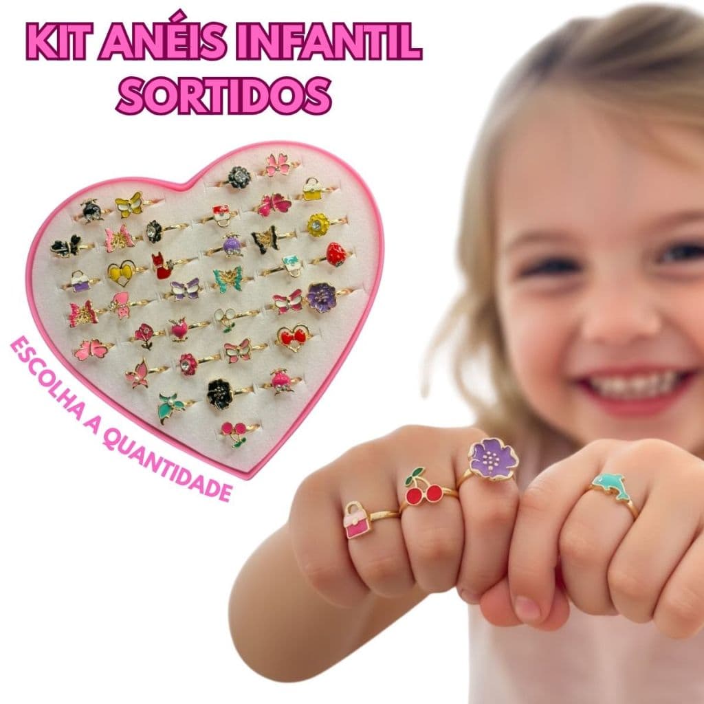 KIT Anéis Infantil Sortidos Ajustáveis Menina Anel  para Criança Modelos Divertidos