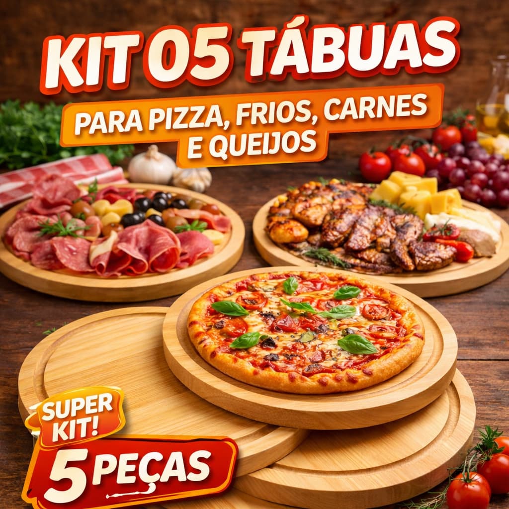 Kit 05 Tábuas de Pinus para Pizza, Queijos e Frios – Praticidade e Estilo para Servir.