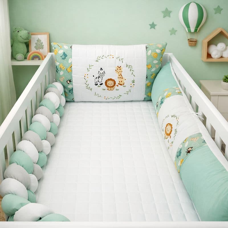 Kit Berço Menino Verde Com Trança 9 peças - Som da Floresta - Safari - Bordado - Algodão - BRINDE BABADO DE BERÇO