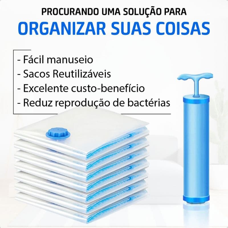 Kit 10kit5 Saco a Vácuo 50x60 + Bomba Manual Organização de Roupas Mala Viagem Guarda Roupas