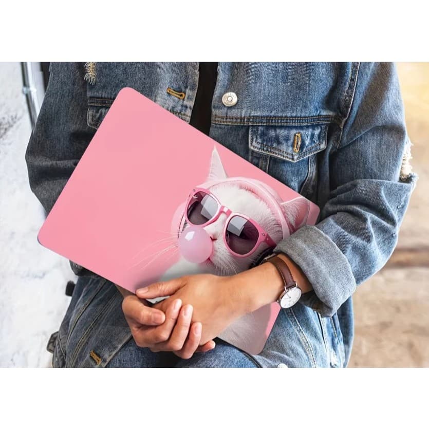 ADESIVO SKIN NOTEBOOK PARA A TAMPA EXTERNA DO DISPLAY GATO FUNDO ROSA