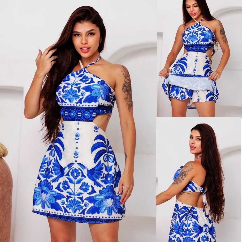 Vestido Feminino  com Short e Bojo Elegante Gola Alta e Amarração Macacão Estampado Verão