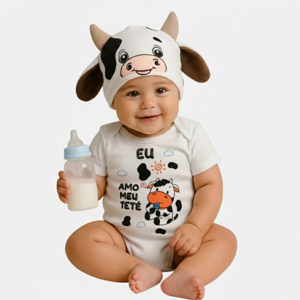 Body Bebê Temático Meu tete Vaquinha fazendinha Mesversario animais– 100% Algodão, Manga Curta
