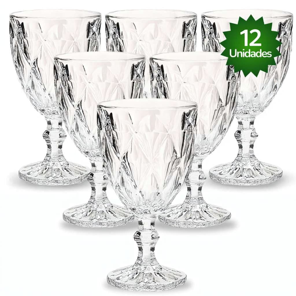 KIT Jogo 6 Ou 12 Taças de Vidro Transparente Diamond Luxo Premium 340ML