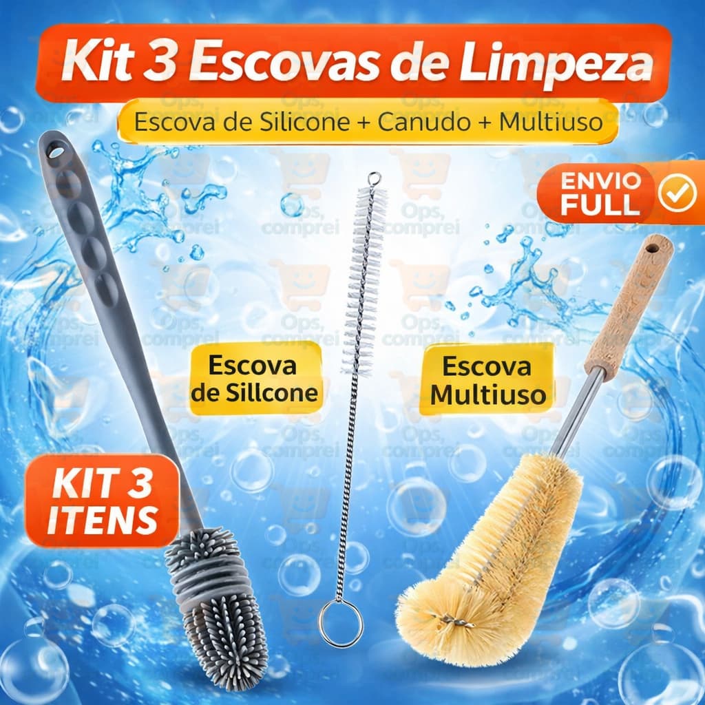 Kit 3 Escovas Multiuso Para Lavar Mamadeira Garrafa Louça Cabo Longo Limpeza Casa