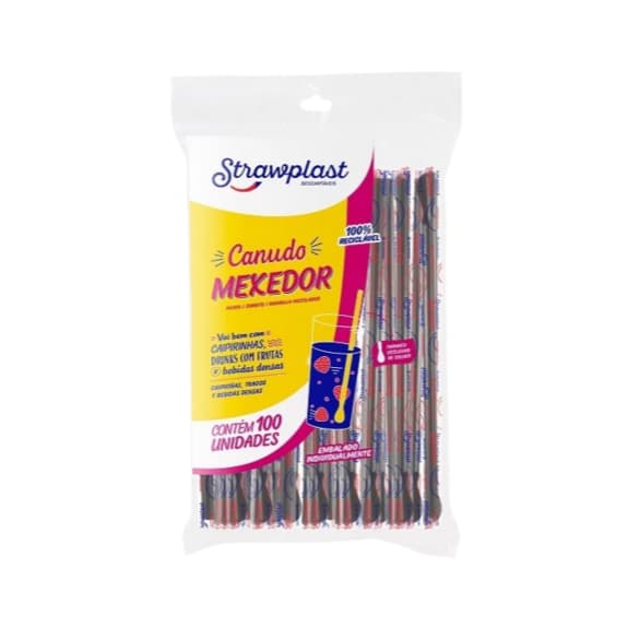 Canudo Colher Mexedor PRETO Strawplast - Para Drinks Batida Caipirinha - Pacote Com 100 Unidades