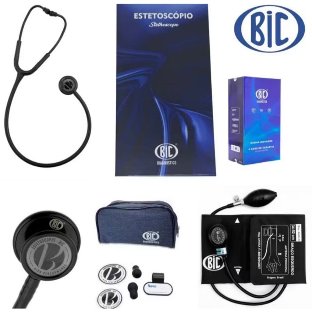 Estetoscópio Duplo Inox Eternity III Profissional BIC + Esfigmomanômetro Completo BIC Varias Cores