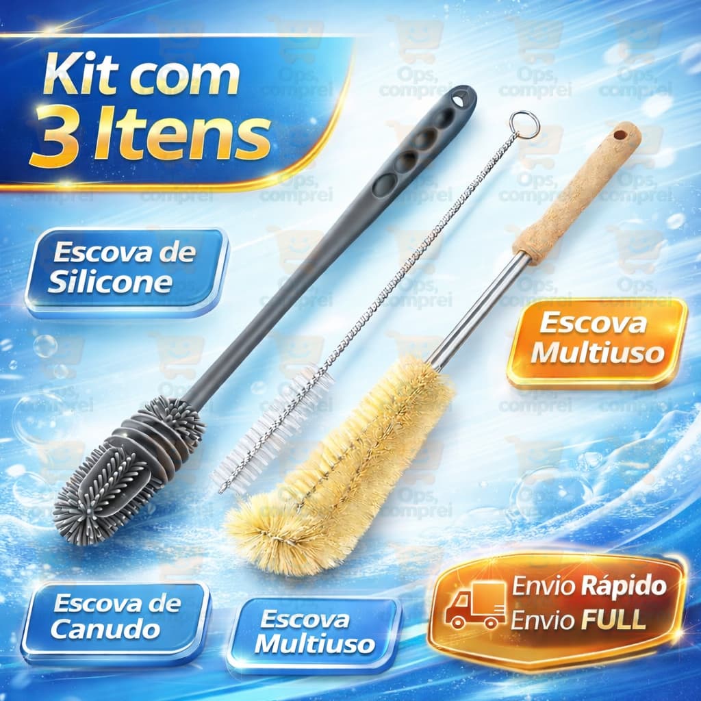 Kit 3 Escovas Limpeza Multiuso Para Lavar Mamadeira Garrafa Louça Cabo Longo Casa